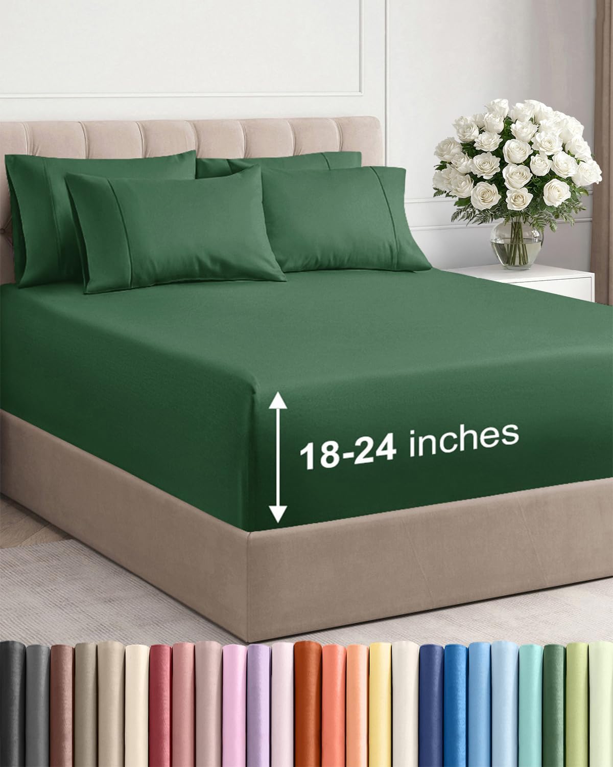 Skiennix Extra Deep Cal King Sheet Set - 6-Piece Breathable Cooling Bedding - Soft Wrinkle-Free Emerald Green