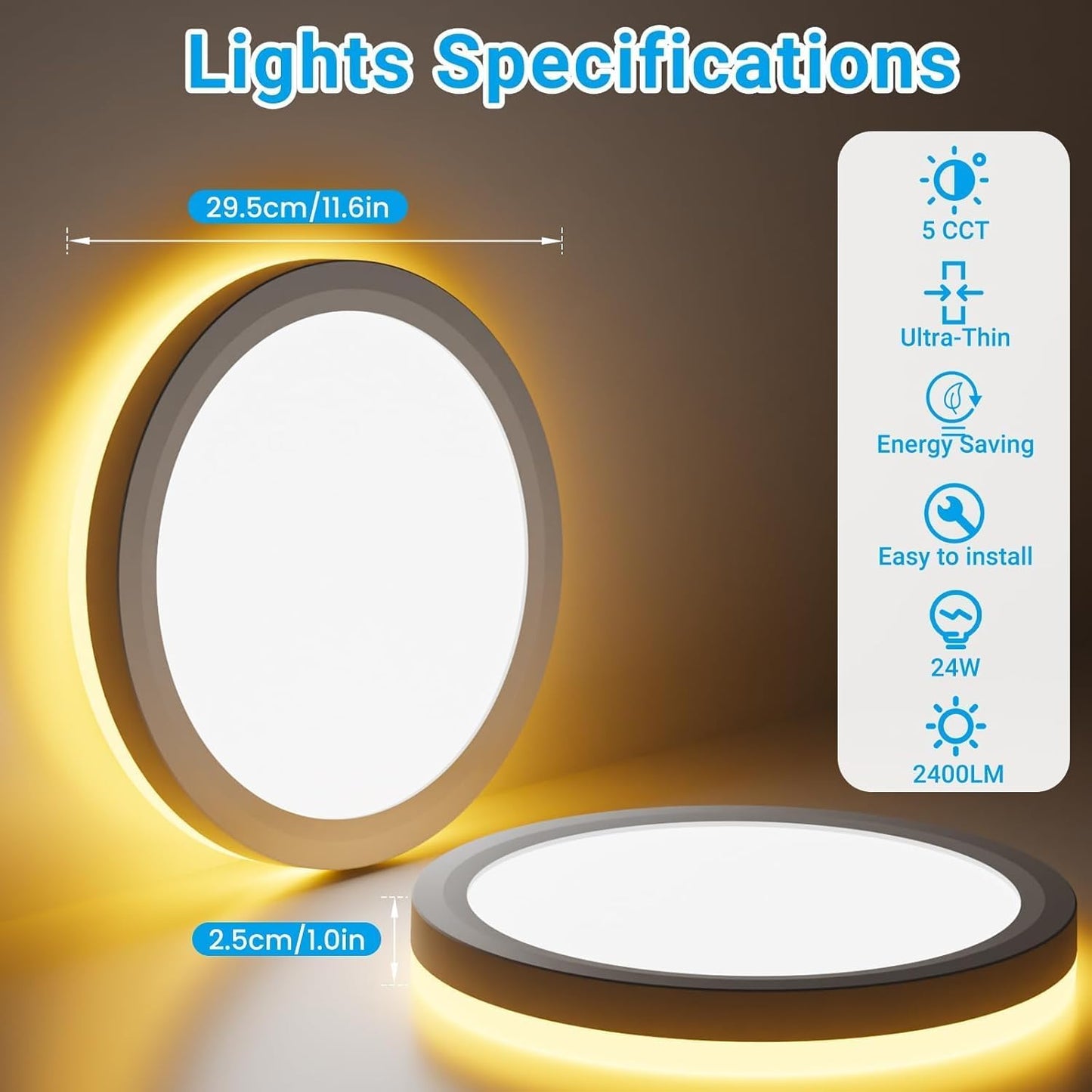 Skiennix 12-Inch LED Ceiling Light - 24W 2400LM, Warm to Cold Color Selectable | Round White Flush Mount for Bedroom, Bathroom, Kitchen