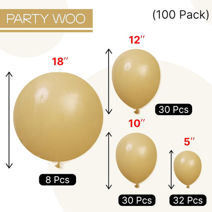 PartyWoo Tan Balloons - 100 Pcs Light Brown Neutral Boho Arch Kit | 5-18 Inch Sizes for Weddings & Parties