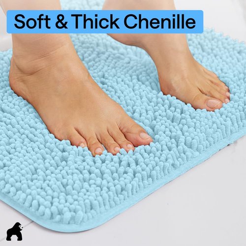 GORILLA GRIP Plush Absorbent Shaggy Chenille Bath Rug Mat for Square Toilet Base with Rubber Backing, Machine Washable Rugs, Soft Microfiber Contour Mats for Toilets, Bathroom Decor, Sky