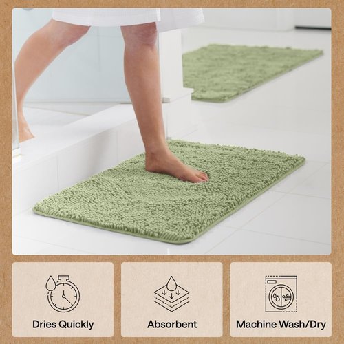 Gorilla Grip Bath Rug Mat - Thick Soft Absorbent Chenille | Quick Dry Microfiber, 24x17 Sage Green