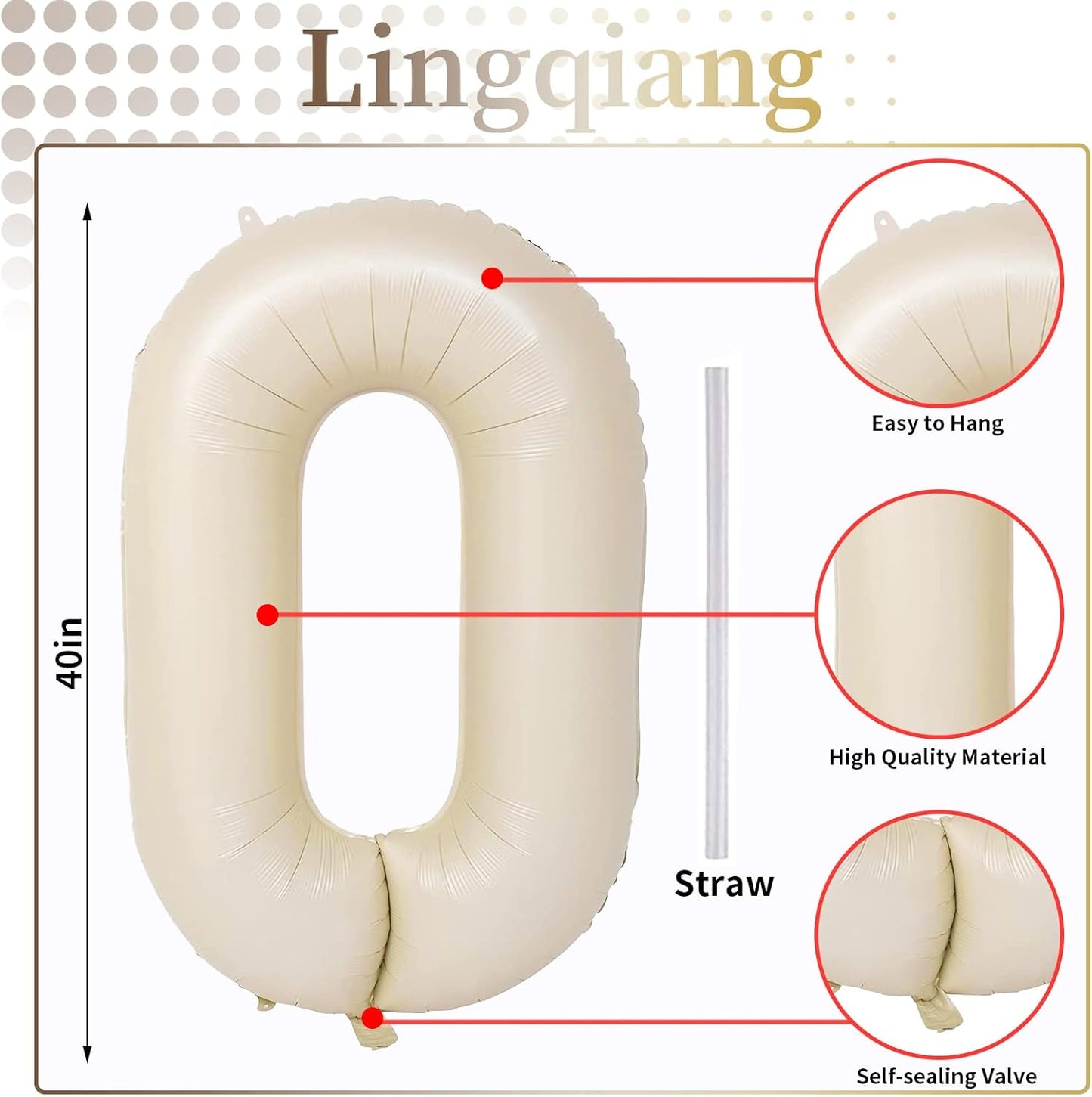 Skiennix 40-Inch Cream Number Balloons - Self-Inflating Beige Foil 0 for Birthday & Anniversary Celebrations