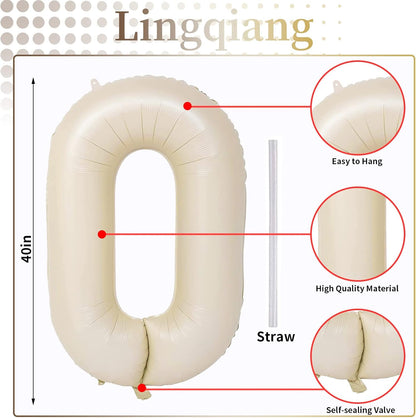 Skiennix 40-Inch Cream Number Balloons - Self-Inflating Beige Foil 0 for Birthday & Anniversary Celebrations
