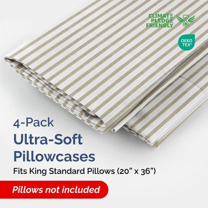 King Standard Pillow Cases - Soft Hotel Quality Covers for Comfy Bedding | Set of 4 Beige Stripes