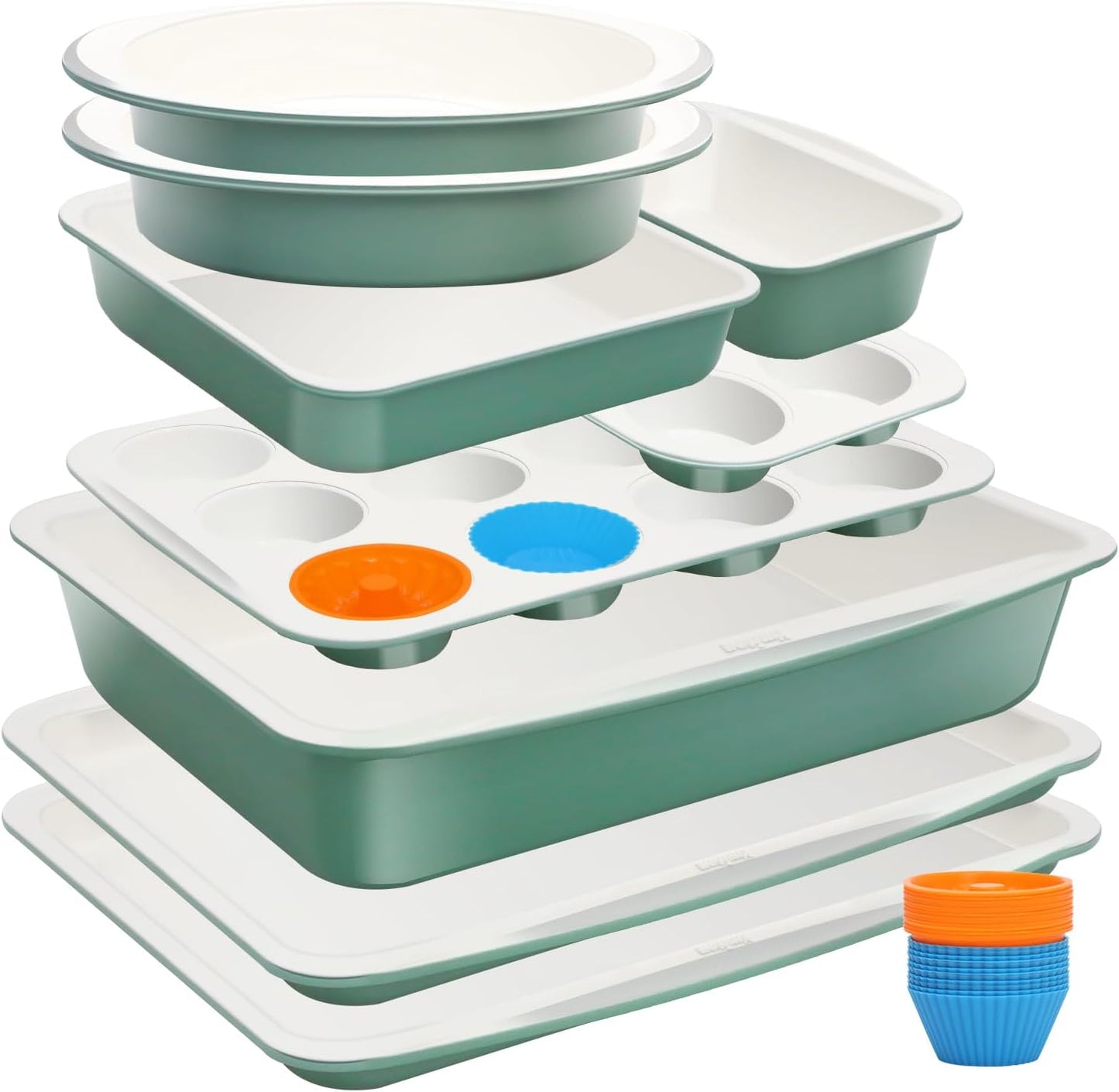 Skiennix Ceramic Nonstick Baking Pans Set - 33 PCS Stackable Bakeware, 550°F Oven Safe, Dishwasher Safe (Green)