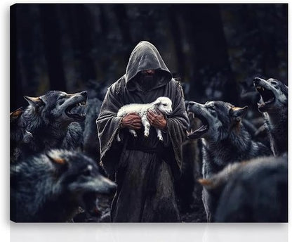 Jesus Saves | Protecting Lamb from Wolves Art - Christian Wall Decor Canvas Print 12"x16"