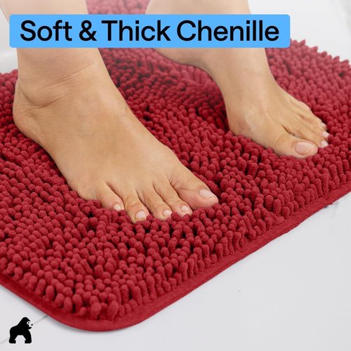 GORILLA GRIP Bath Rug Mat - Soft Absorbent Chenille with Rubber Backing | Quick Dry, 24x17, Red