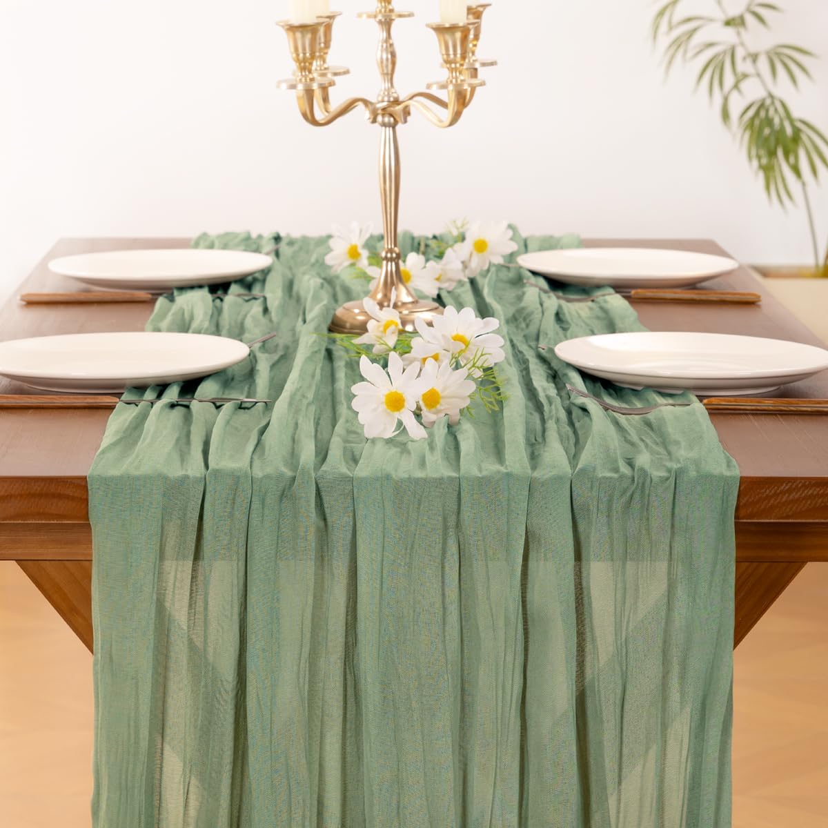 Socomi Cheesecloth Table Runner - 15pcs Sage Green Boho Rustic 120-Inch for Weddings & Home Decor