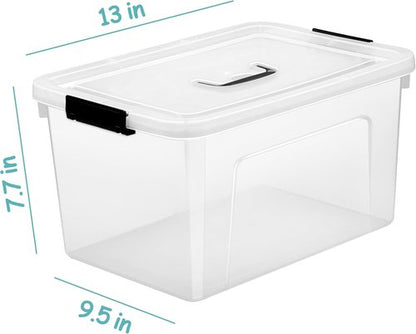 Clear Storage Latch Box 12 Quart - Durable Plastic Organizing Bin with Lid & Black Handles | 6-Pack