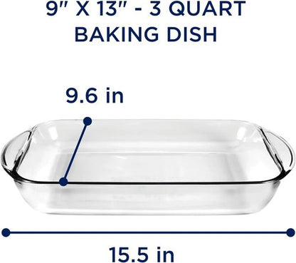 Glass 9" x 13" Baking Dish - Durable 3 Quart Oven Safe Cookware for Perfect Baking