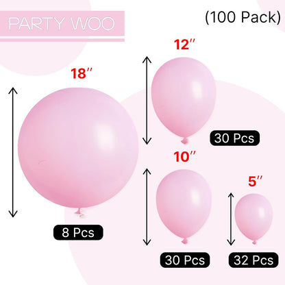 PartyWoo Baby Pink Balloons - 100 Pcs in 5 Sizes for Baby Shower & Birthday Decorations | Arch Kit & Garland