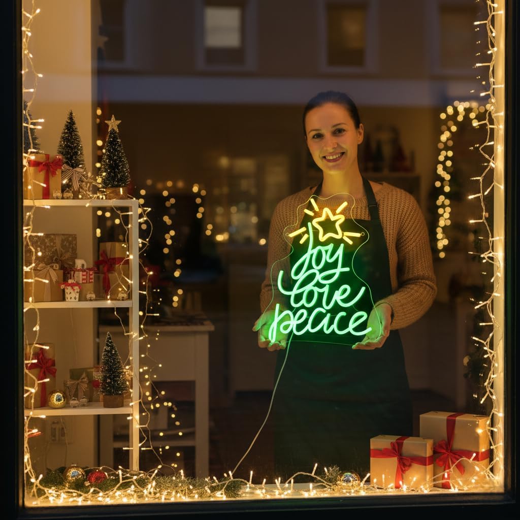 Neon Sign by Christmas Tree - USB Powered LED Light for Wall Decor | Peace, Love, Joy Design