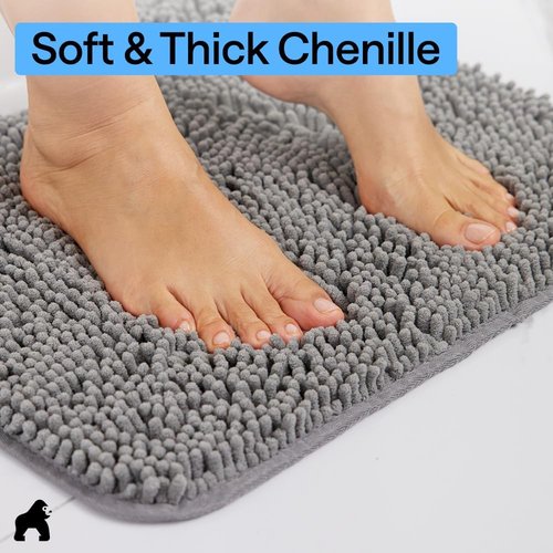 GORILLA GRIP Bath Rug Mat - Thick Soft Absorbent Chenille | Quick-Dry Microfiber, 54x24, Grey
