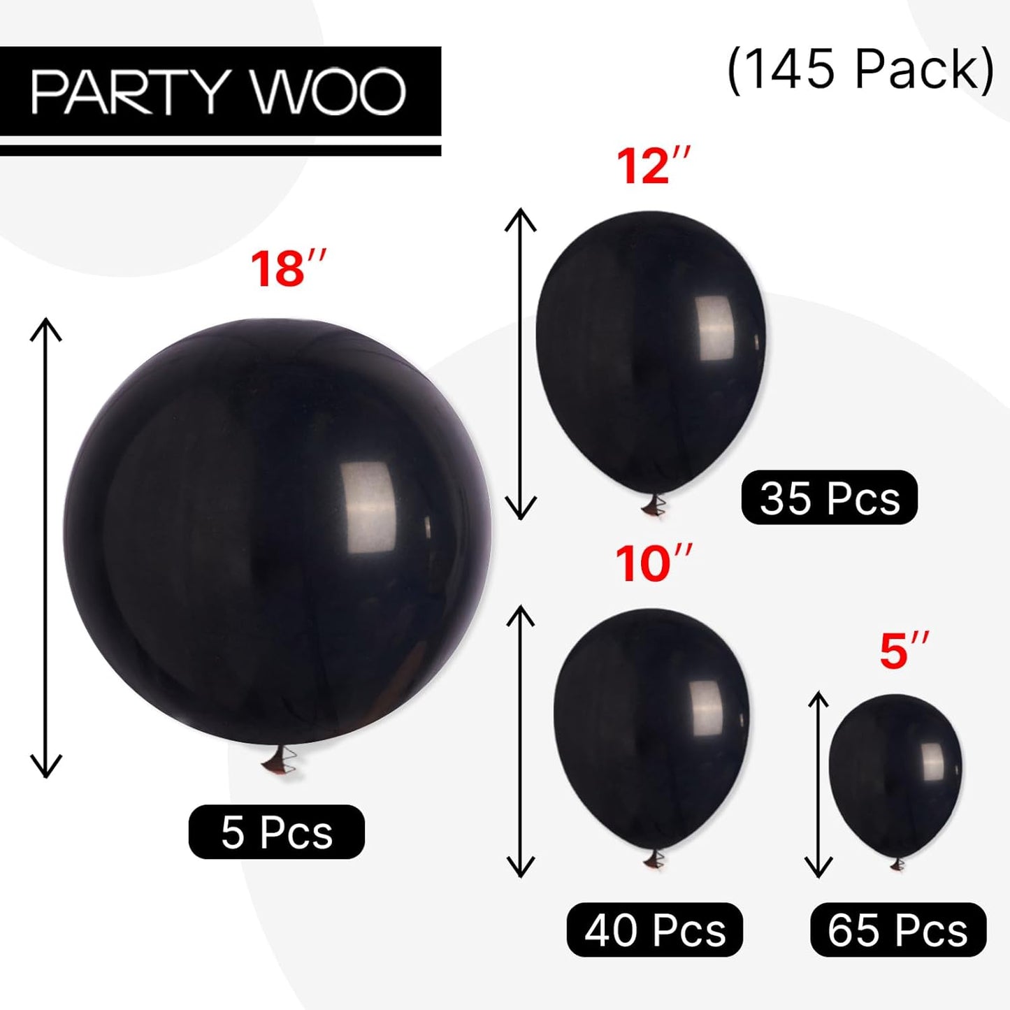 PartyWoo Black Balloons - 145-Piece Arch Kit with Various Sizes for Baby Showers & Birthdays