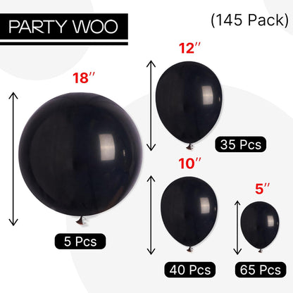 PartyWoo Black Balloons - 145-Piece Arch Kit with Various Sizes for Baby Showers & Birthdays