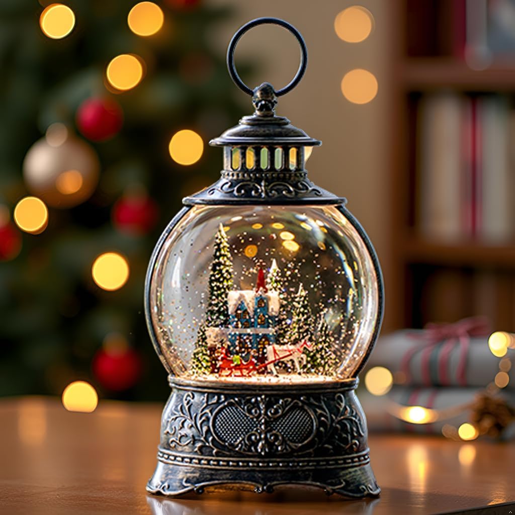 Regine Switzerland Christmas Snow Globe - Musical Water Lantern with Carriage & Timer | USB/Battery Operated