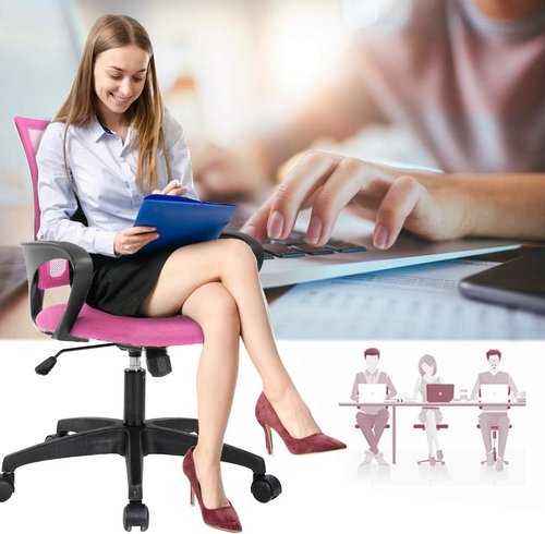 BestOffice Ergonomic Office Chair - Mid-Back Swivel Design with Breathable Backrest & Lumbar Support - Adjustable Height & Rolling Wheels - Pink for Adults & Women