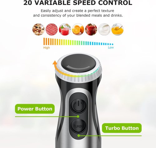 Bonsenkitchen Immersion Hand Blender - 20-Speed Turbo Mode, 500W Stainless Steel | Perfect for Soup, Smoothies, Purees