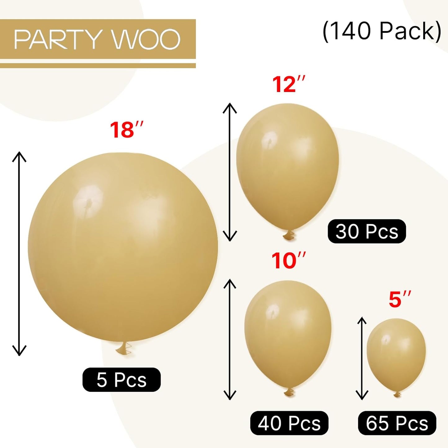 PartyWoo Tan Balloons - 140-Piece Light Brown Neutral Boho Balloon Arch Kit for Weddings & Parties