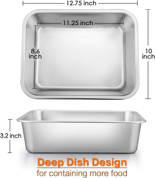 E-far Deep Lasagna Pan - Stainless Steel Roasting Dish | Non-Toxic, Heavy Duty, 12.75 x 10 x 3.2 Inches