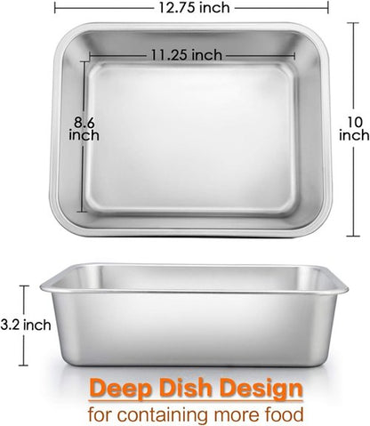 E-far Deep Lasagna Pan - Stainless Steel Roasting Dish | Non-Toxic, Heavy Duty, 12.75 x 10 x 3.2 Inches