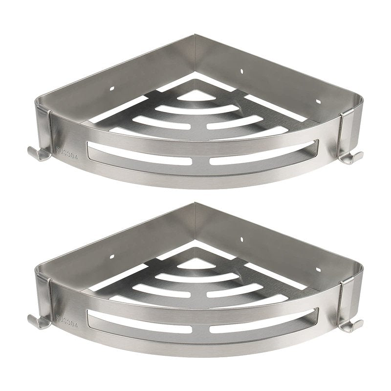 NearMoon Bathroom Shower Caddy 2 Pack, No Drill 304 Stainless Steel Shower Organizer with 2 Hooks (Corner Shelf, Brushed Nickel)