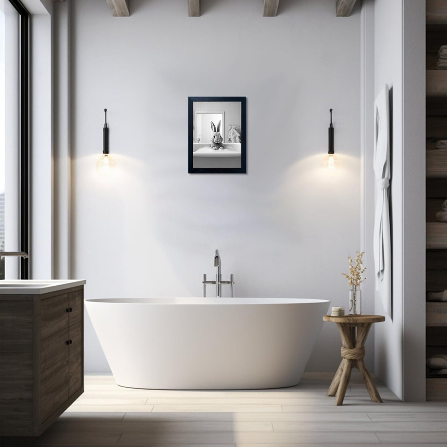 Skiennix Kids Bathroom Wall Art - Cute Black and White Rabbit Canvas Print | Fun Bathtub Decor