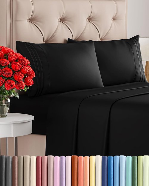 Comfy 4-Piece Sheet Set by [Brand Name] - Breathable Cooling Bed Sheets | Ultra-Soft, Deep Pockets, Oeko-Tex Certified - Black