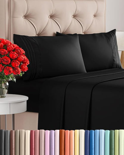 Comfy 4-Piece Sheet Set by [Brand Name] - Breathable Cooling Bed Sheets | Ultra-Soft, Deep Pockets, Oeko-Tex Certified - Black