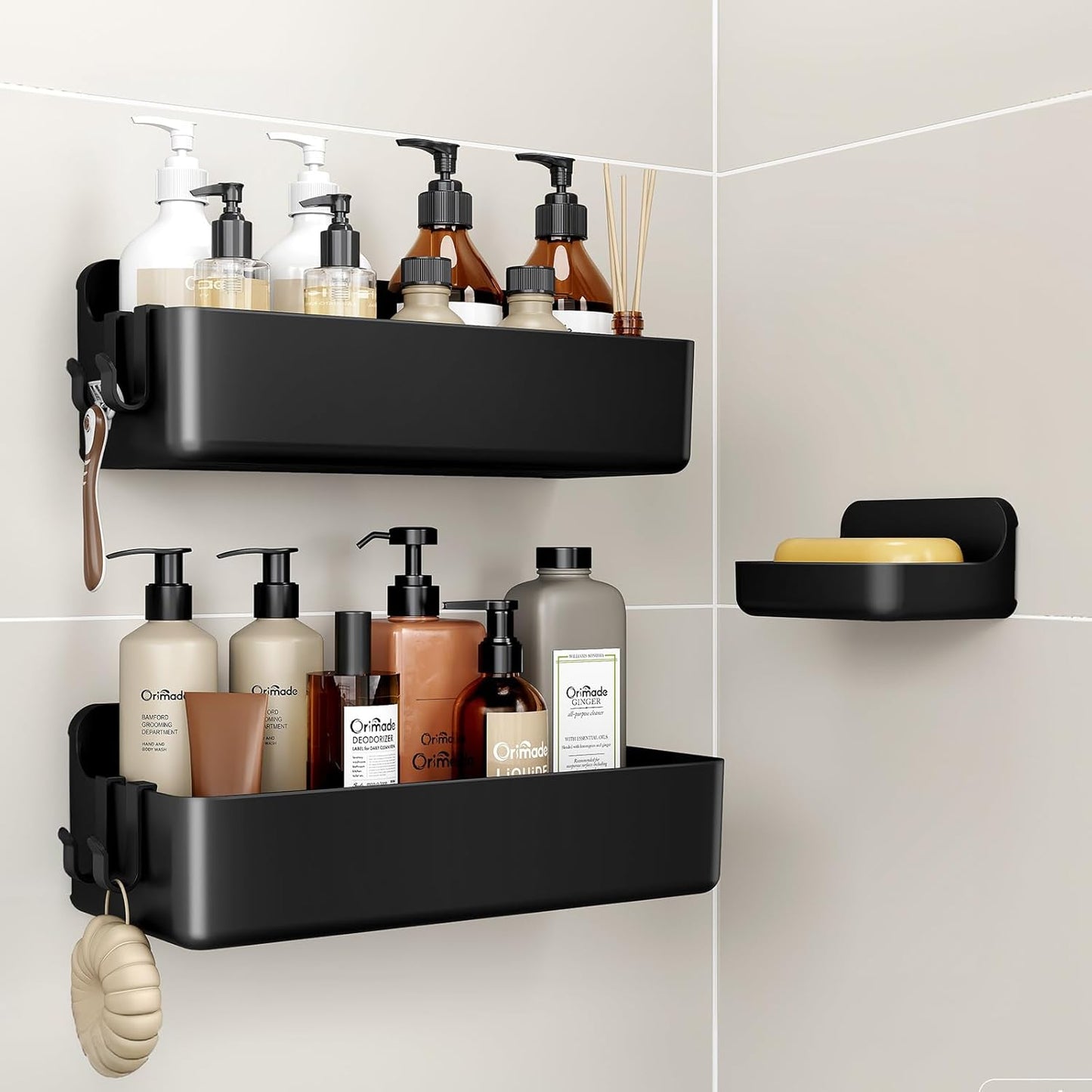 Orimade Shower Caddy 3-Pack - No-Drill Adhesive Shelves with 4 Hooks | Rustproof ABS Plastic, Black