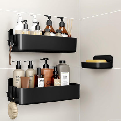 Orimade Shower Caddy 3-Pack - No-Drill Adhesive Shelves with 4 Hooks | Rustproof ABS Plastic, Black