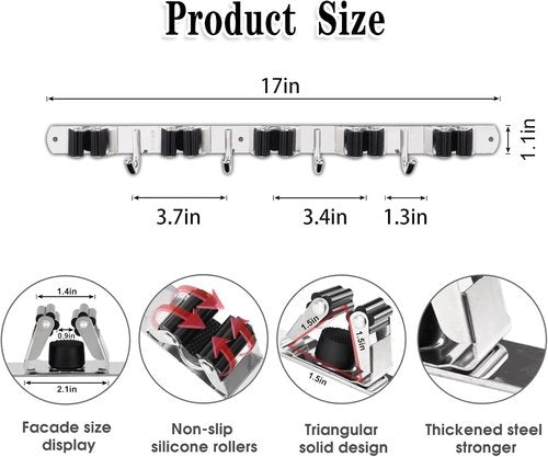 AceMining Wall Mounted Broom and Mop Holder | 5 Racks & 4 Hooks | Heavy Duty Stainless Steel Storage Solution