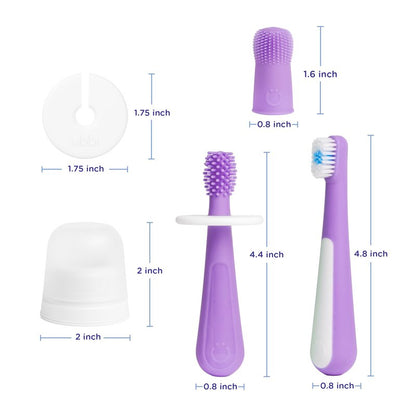 Ubbi Grow with Me Toothbrush Training Set for Babies and Toddlers, Includes Silicone Finger Brush, 360° and Soft Bristled Toothbrush, Smoothie Purple