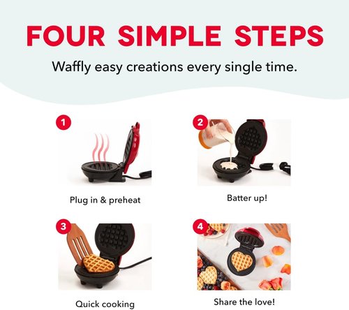 Dash Mini Waffle Maker - Creative Nonstick Waffle Iron with Unique Heart Design - Red Color