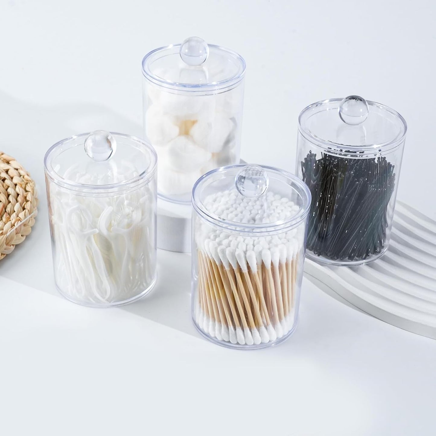 XIPENGKEJI Qtip Holder Set - 6 Pack Apothecary Jars with Lids for Cotton Swabs & Pads | Clear 10oz-12oz