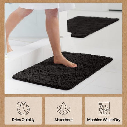 GORILLA GRIP Bath Rug Mat 44x26, Thick Soft Absorbent Chenille, Quick Dry Microfiber Mats, Rubber Backing Washable Shower Floor Rugs, Bathmat Runner, US Designed Bathroom Home Decor Accessories Black