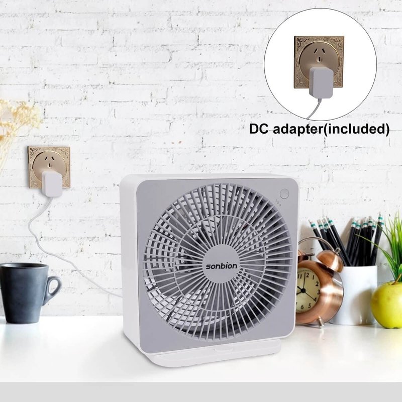 SONBION Small Box Fan, 10 inch Window Fan with 3 Speeds Strong Airflow, DC Adapter Square Table Fan for Bedroom Living Room Office Apartment, Quiet and Lightweight, 5ft Power Cord