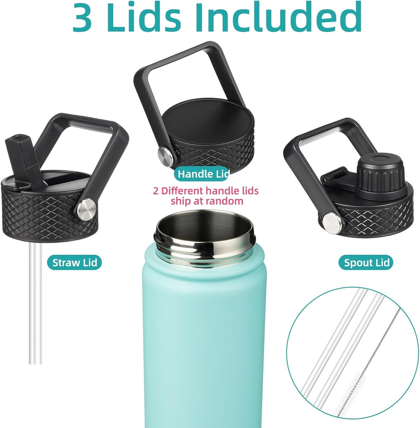 Skiennix Insulated Water Bottle - 18oz Stainless Steel Flask with Straw & 3 Lids | Turquoise