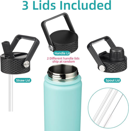 Skiennix Insulated Water Bottle - 18oz Stainless Steel Flask with Straw & 3 Lids | Turquoise