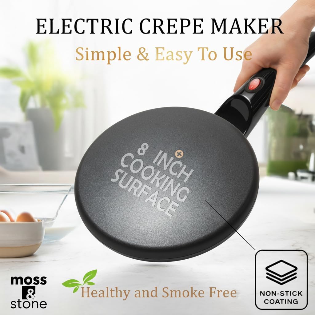 Moss & Stone Electric Crepe Maker - 8” Nonstick Portable Pan with Dipping Plate & Auto Shut-Off
