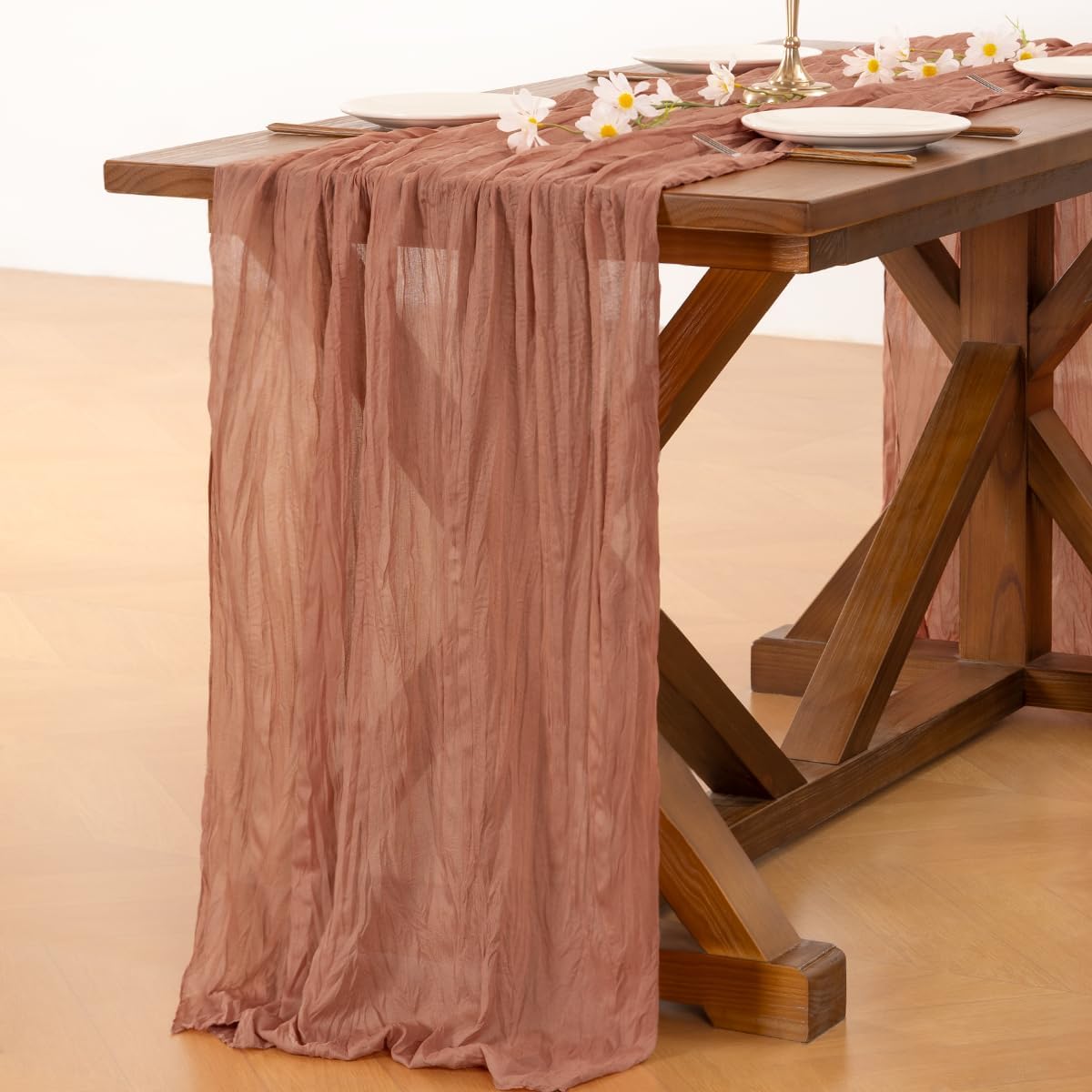 Socomi Cheesecloth Table Runner - 10pcs Dusty Rose Boho Rustic 120 Inch for Weddings & Events