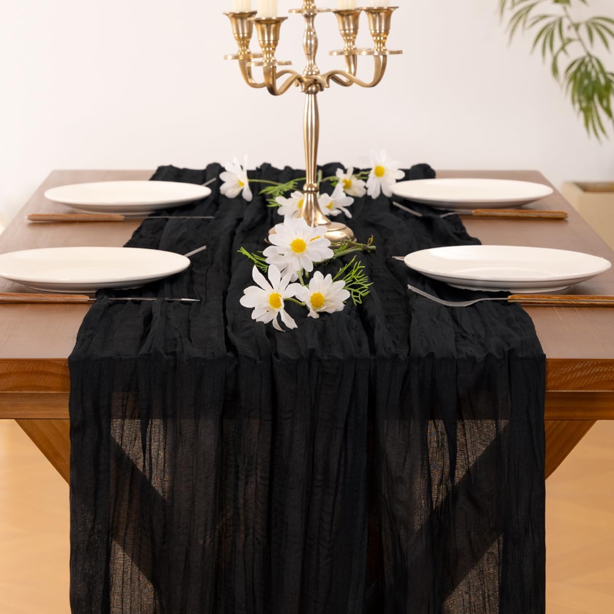 Socomi Cheesecloth Table Runner - 120 Inch Black Boho Rustic Design for Weddings & Events