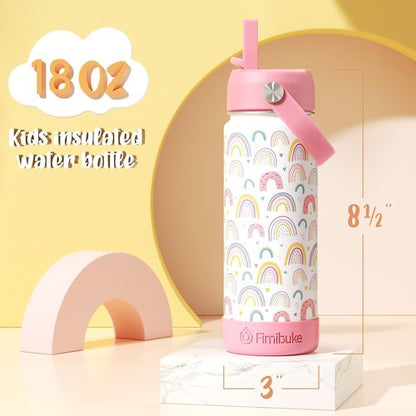 Fimibuke Kids Insulated Water Bottle - 18oz BPA-Free Stainless Steel Tumbler with Straw | Green Dinosaur Design