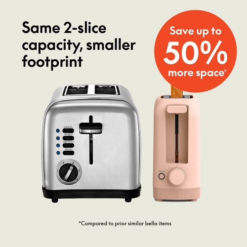 Bella 2 Slice Slim Toaster - 6 Shade Settings with Reheat & Cancel | Fits Sourdough, 10” Long Slot, Blossom