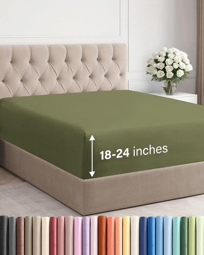 Extra Deep Queen Fitted Sheet - Hotel Luxury Single Fitted Sheet Only - Easily Fits 18 inch to 24 inch Mattress - Ultra Soft, Wrinkle & Fade Free w/Extra Deep Pocket - Breathable & Comfy - Sage Green