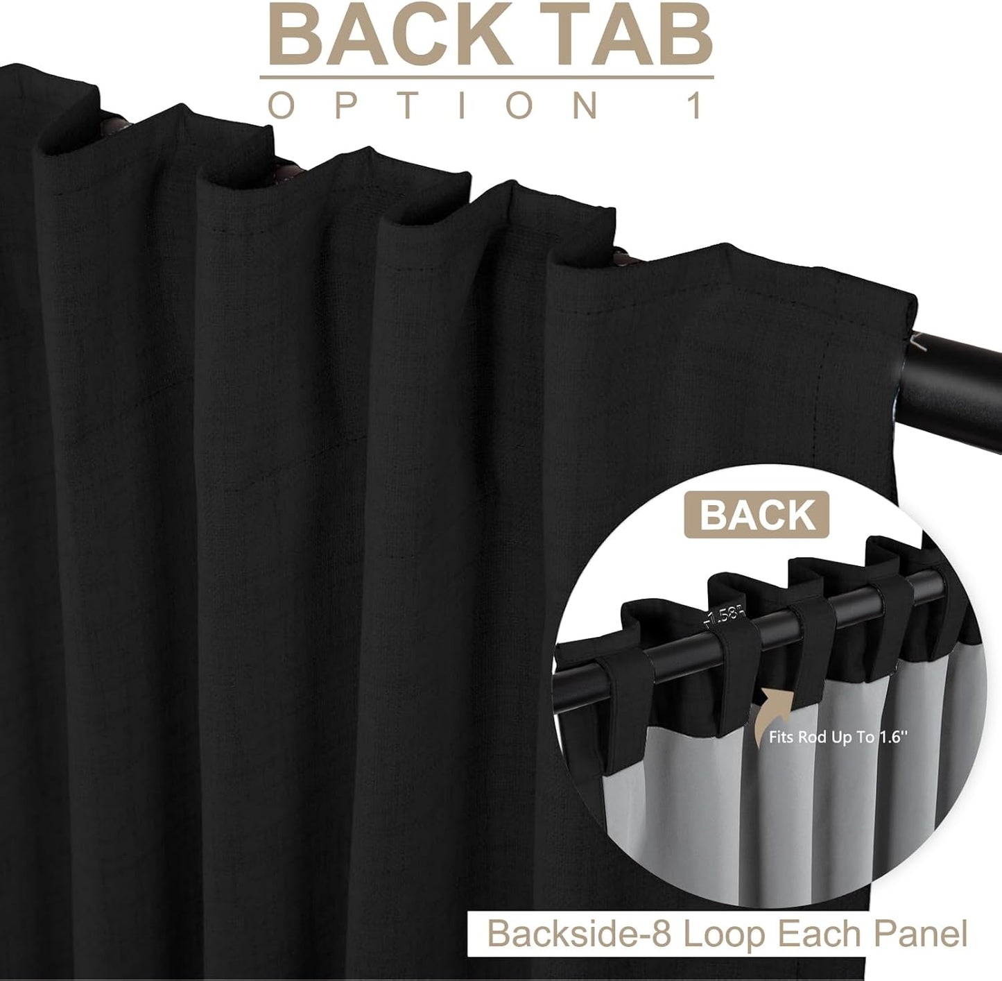 Regine Switzerland 100% Blackout Linen Curtains - Thermal Insulated Drapes, 50" W x 108" L, Black