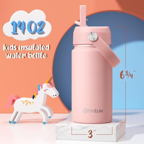 Fimibuke Kids Insulated Water Bottle - 14oz BPA-Free Double Wall Tumbler | Leak-Proof with Straw (2 Pack, Midnight Rose)