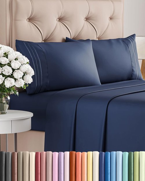 Cal King Size Sheet Set by Hotel Luxury | 4-Piece Comfy, Breathable & Cooling Bedding - Deep Pockets, Soft, Wrinkle-Free - Navy Blue