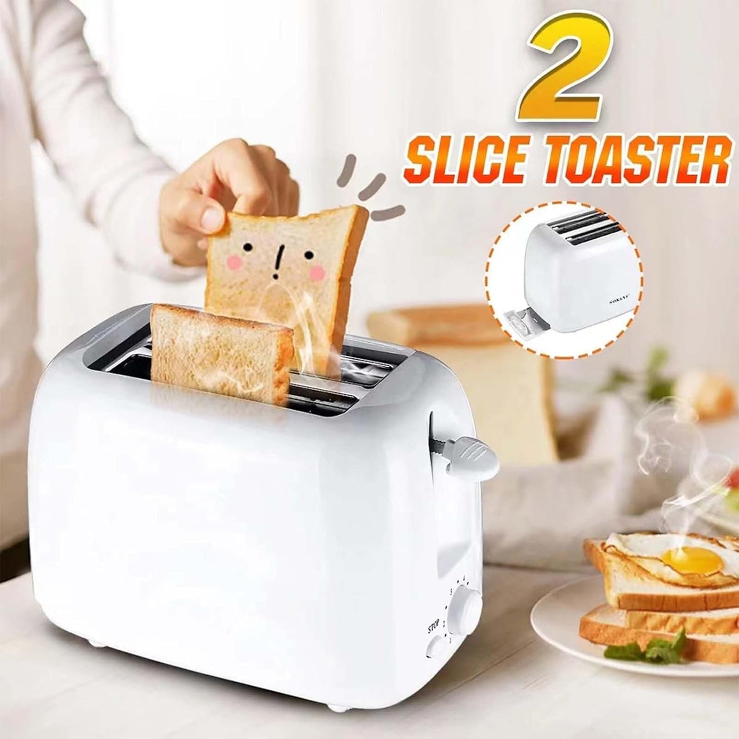 Skiennix Retro 2-Slice Toaster - Stainless Steel Design with 6 Functions & Removable Crumb Tray | White