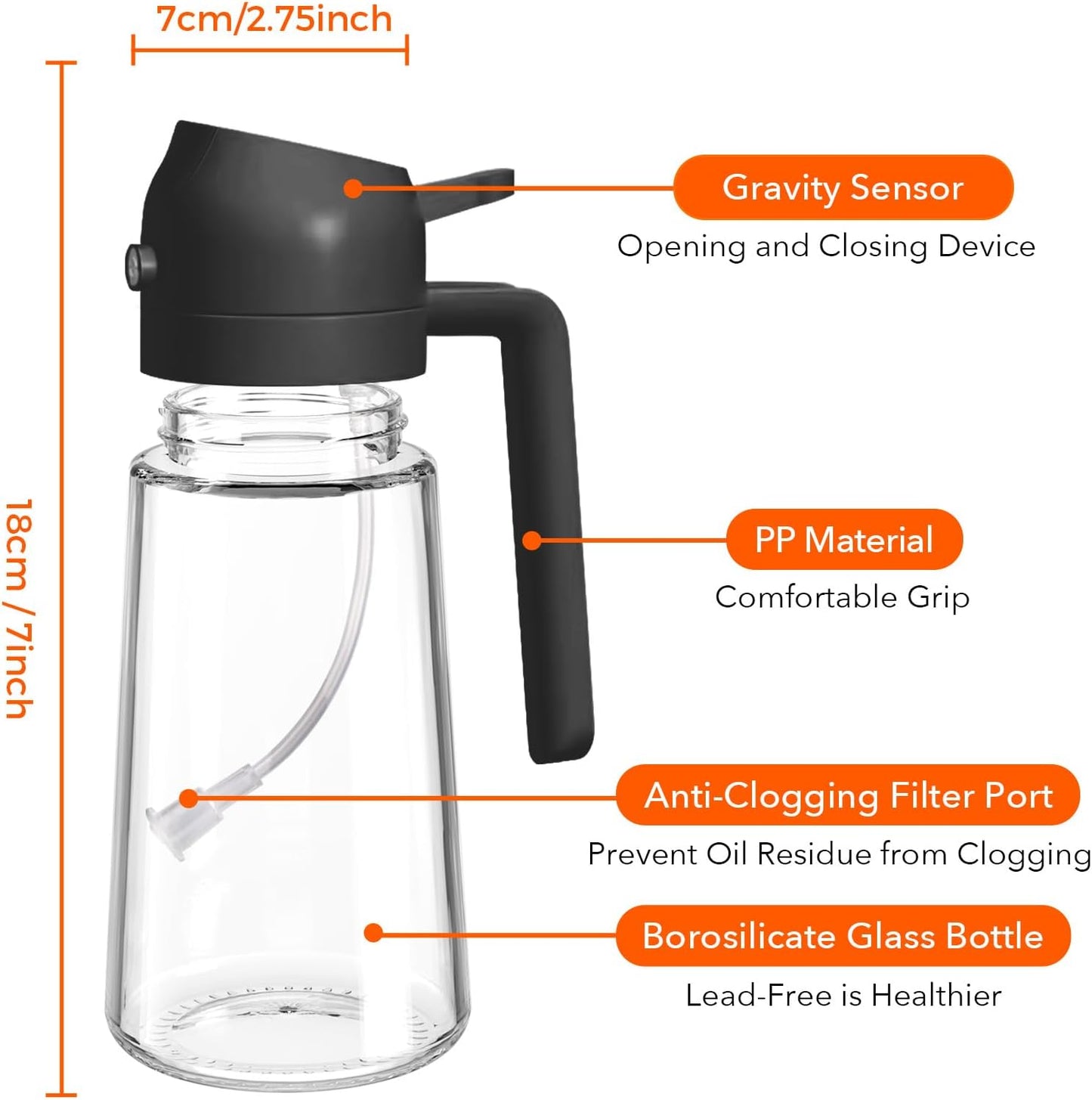 YARRAMATE Olive Oil Dispenser - Food-Grade 2-in-1 Glass Sprayer for Cooking | 16oz/470ml (Black)